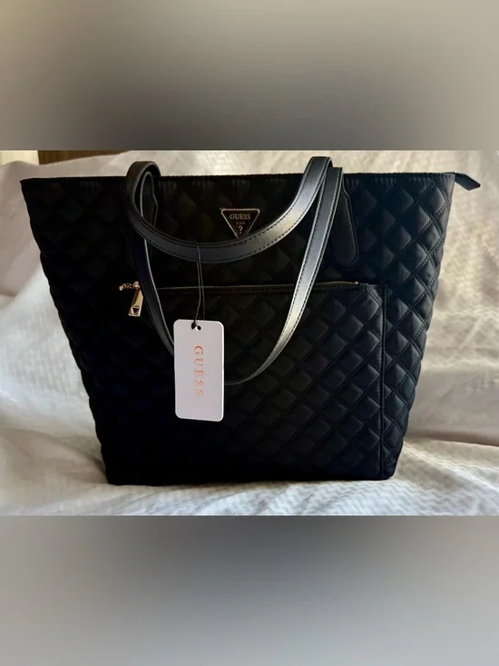 GUESS Black Quilted Tote with Front Zip Pocket - Picture 2 of 8